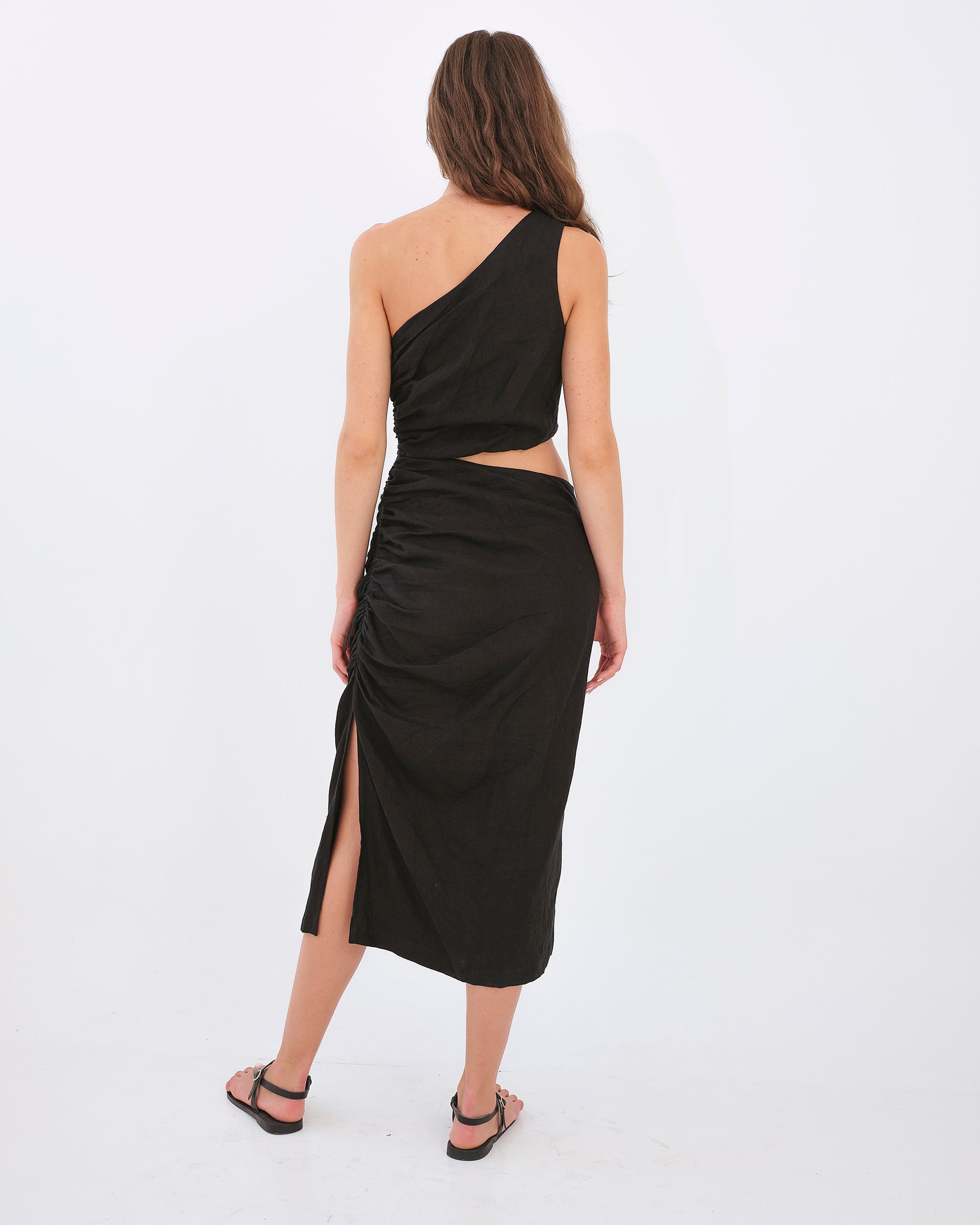 Katya One Shoulder Dress - Black Linen by Desert Queen