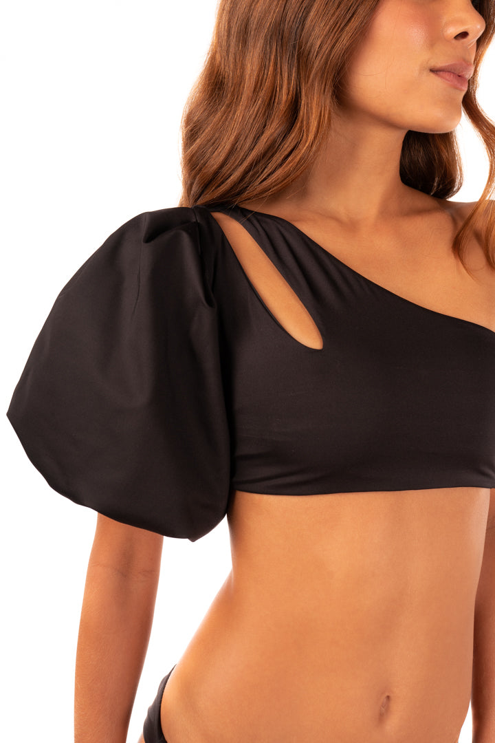 Eden Asymmetrical Puff Sleeve Bikini Top in Black by Sanlier