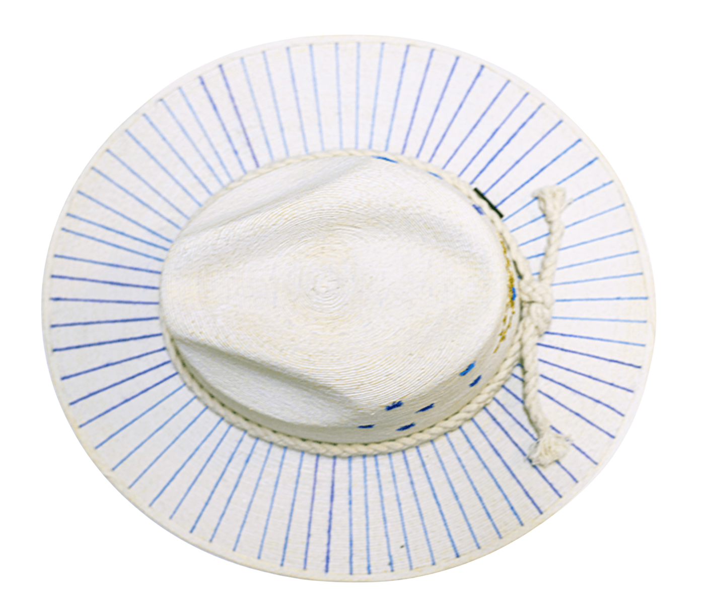 white palm hat with blue embroidered stripes
