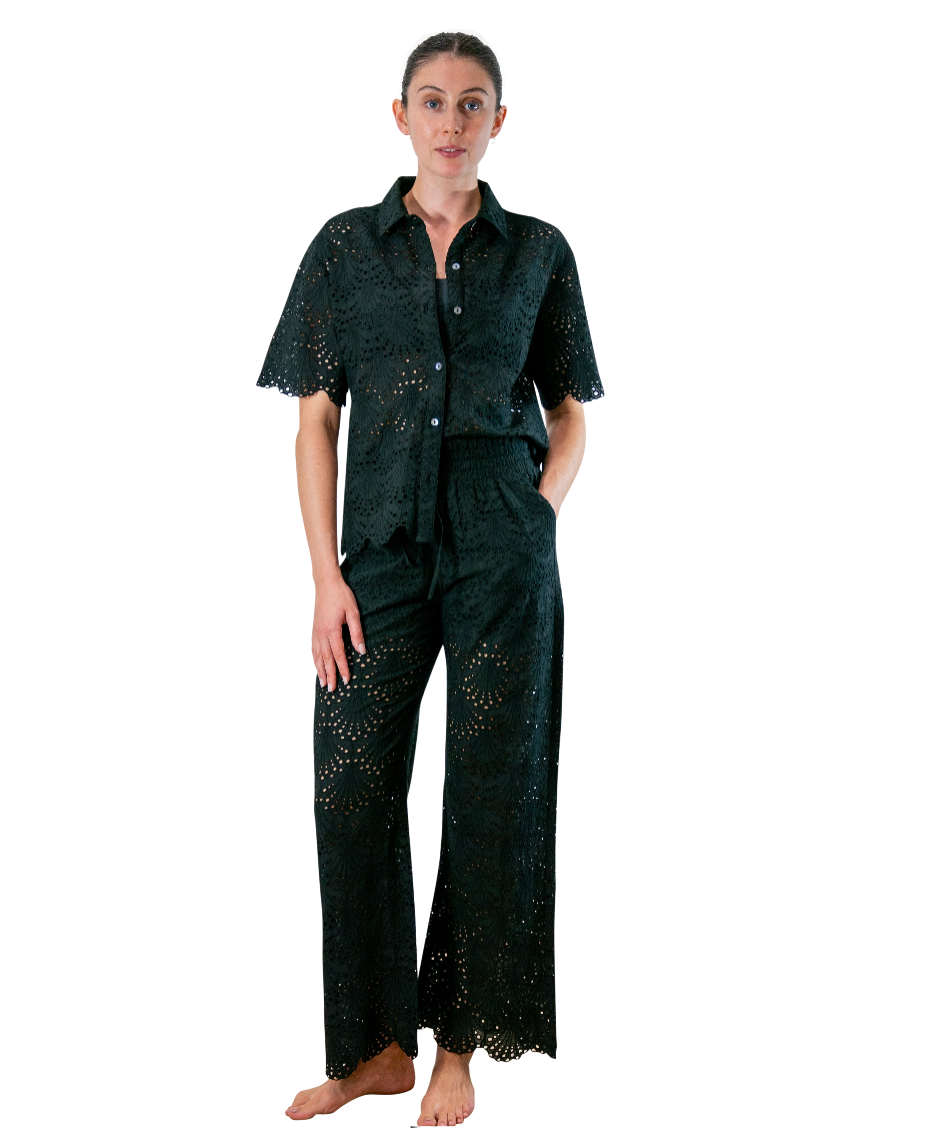 Dana Shirt in Black Shell Eyelet by Hermoza
