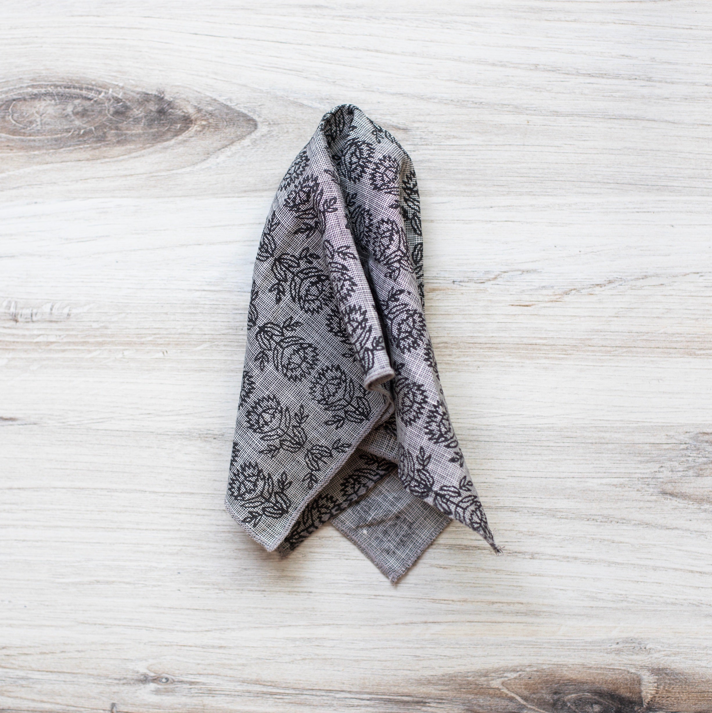 Pocket Square - Gray Linen with Protea, Black by Mended
