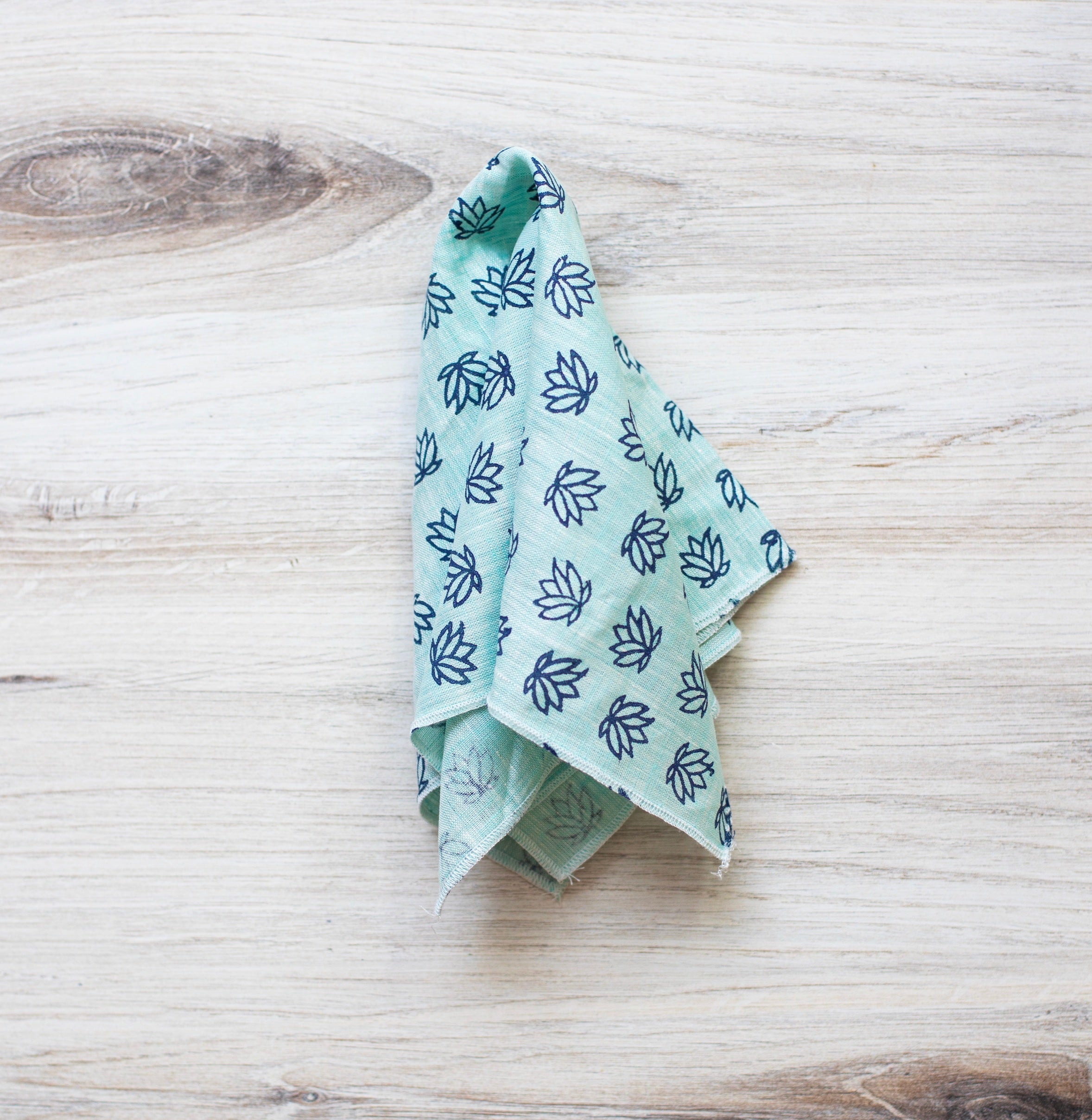 Pocket Square - Sea Green Linen with Baby Lotus, Navy by Mended