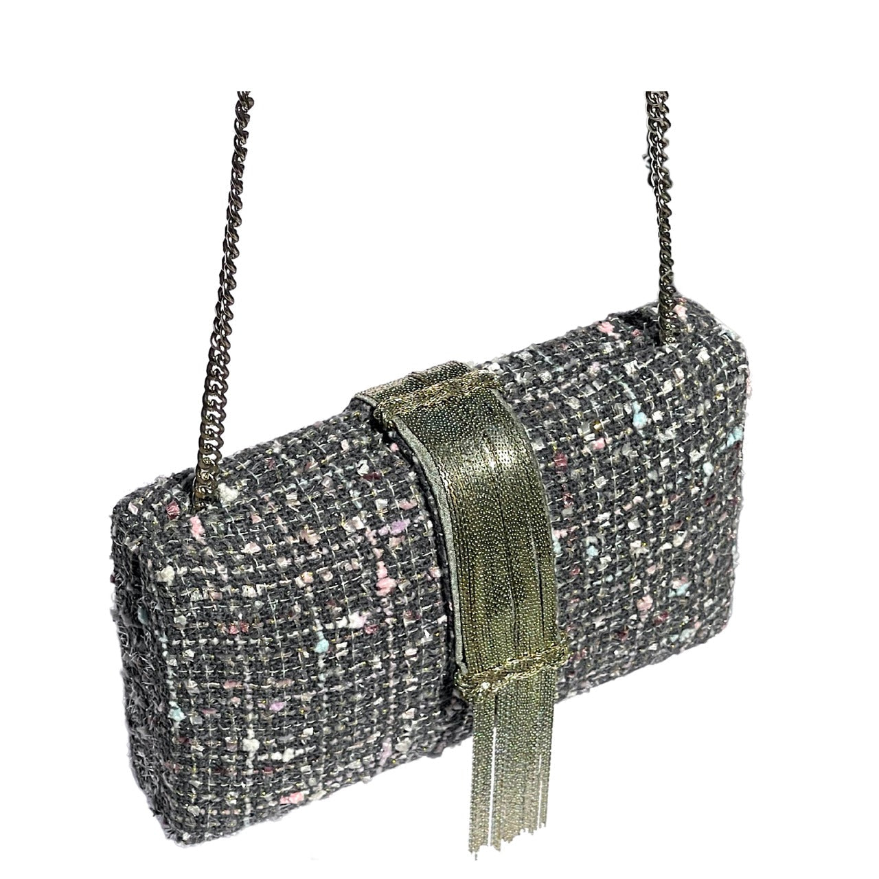 Gray Tweed Fringe Clutch by Simitri