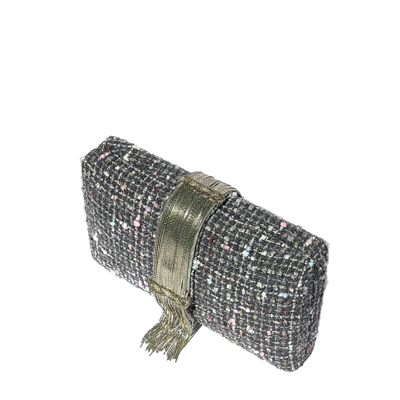 Gray Tweed Fringe Clutch by Simitri