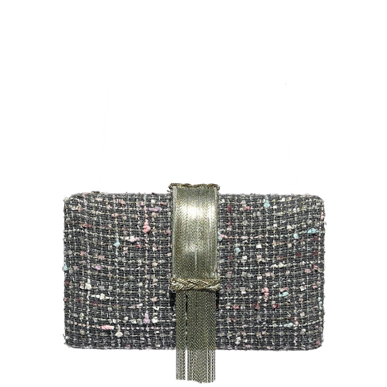 Gray Tweed Fringe Clutch by Simitri