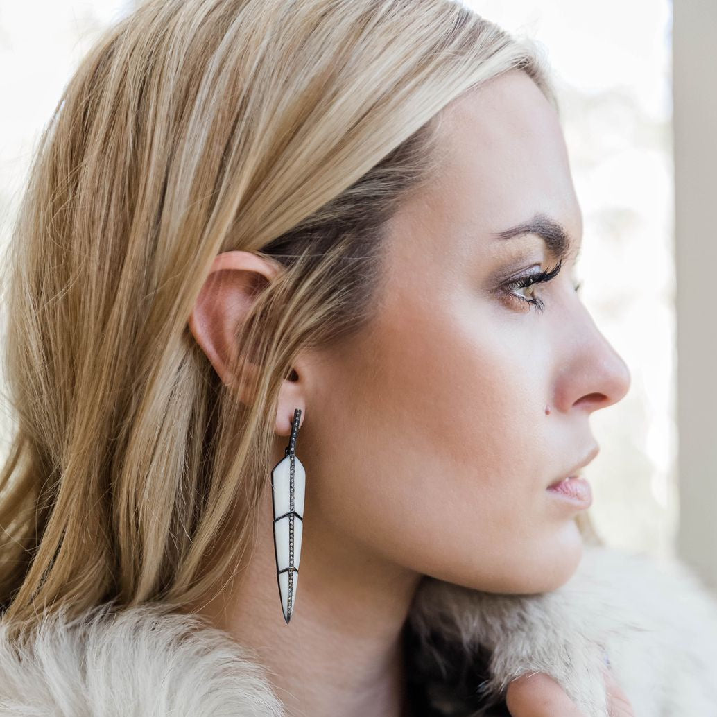 Pearl White Enamel Feather Earrings by S. Carter Designs