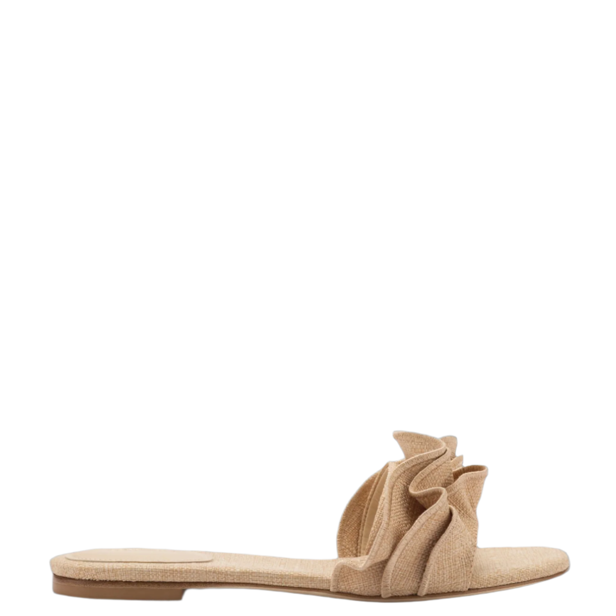 Ivy Ruffle Flat Mule In Beige Raffia by Larroudé