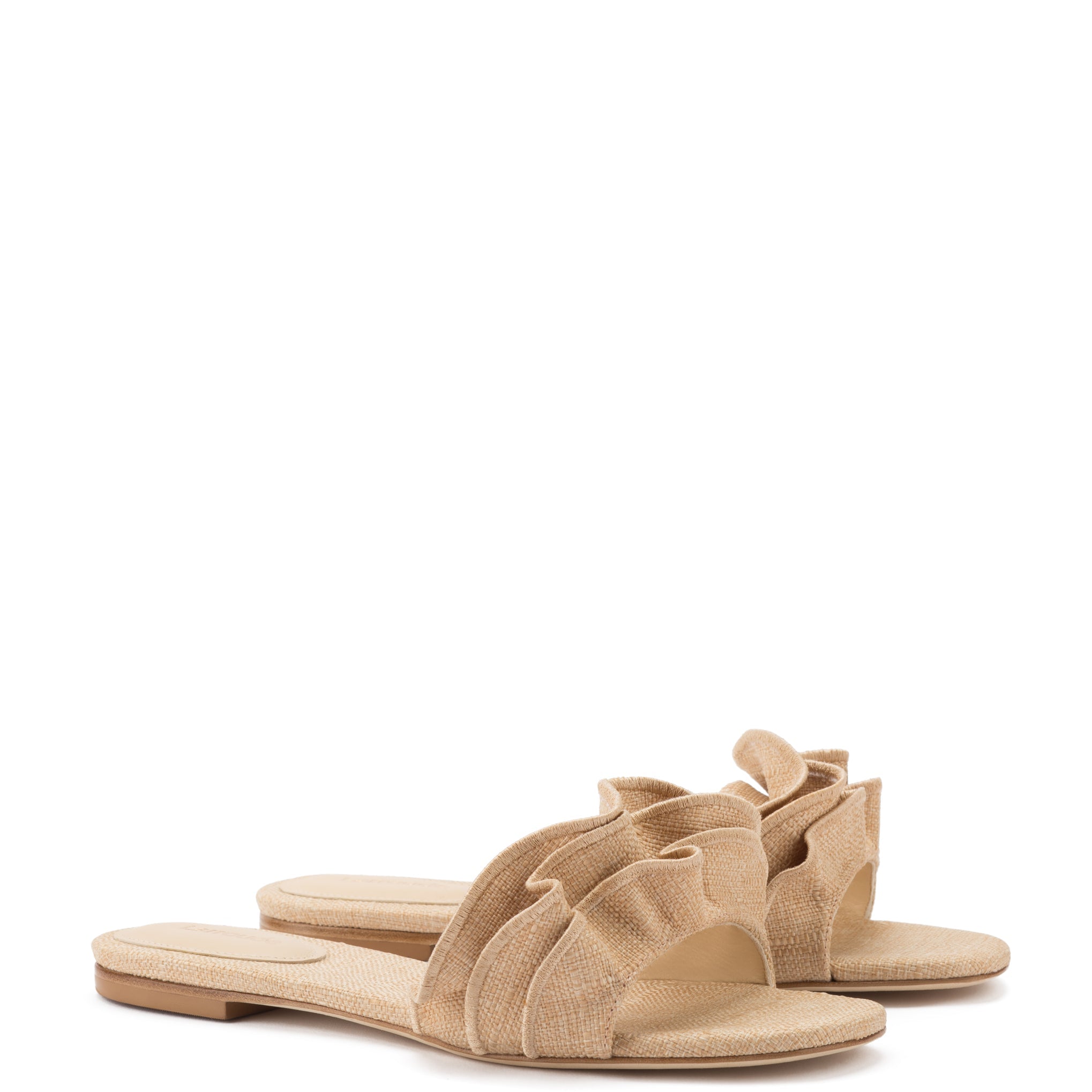 Ivy Ruffle Flat Mule In Beige Raffia by Larroudé