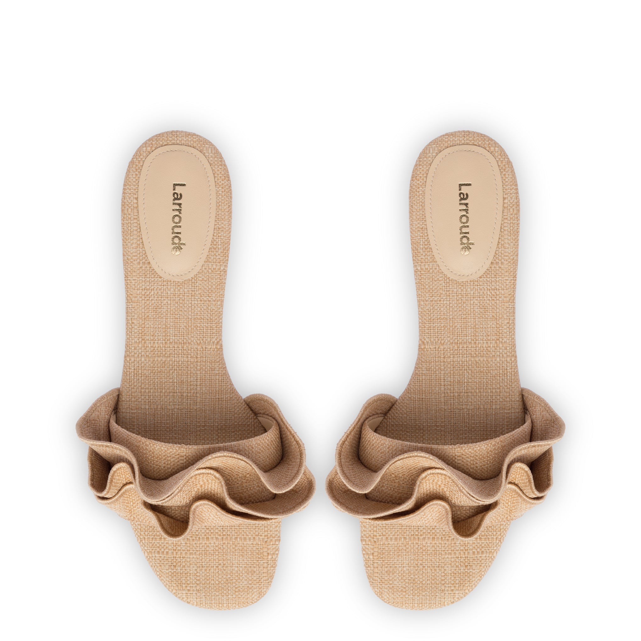 Ivy Ruffle Flat Mule In Beige Raffia by Larroudé