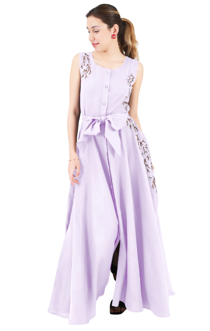 Woman wearing a light purple dress with floral embellishments on a white background