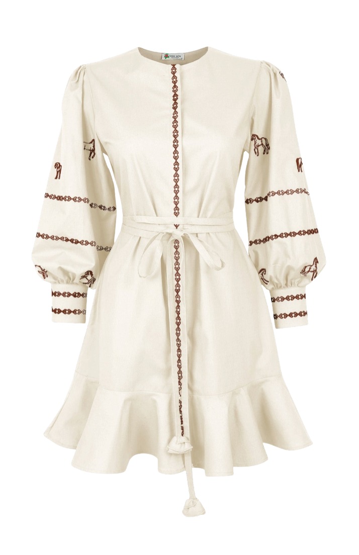An off-white midi dress with brown embroidered details, featuring a tie waist, puffed sleeves, and horse motifs on the sleeves, shown against a plain white background.