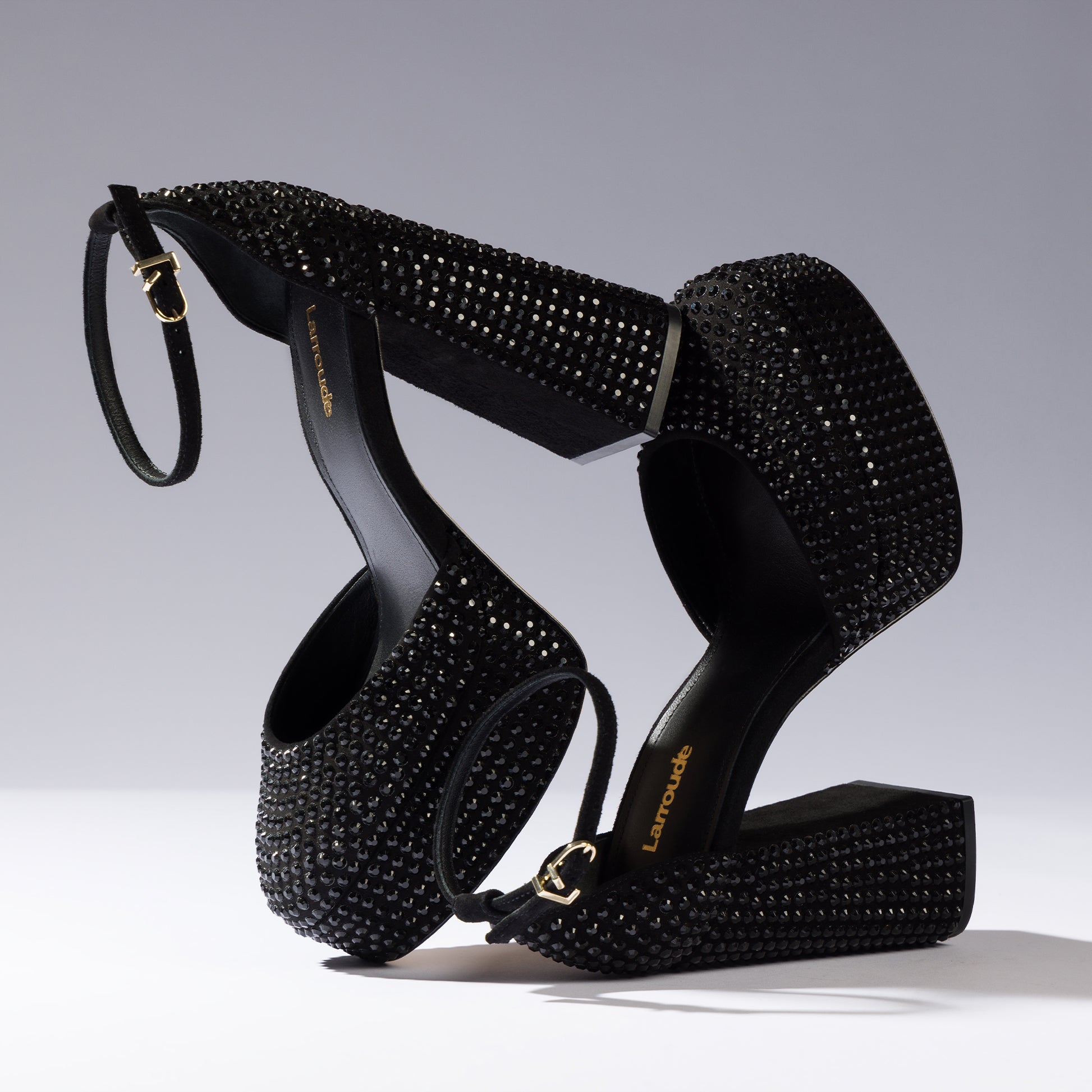 Ari Crystal Pump In Monochrome Black Suede by Larroudé