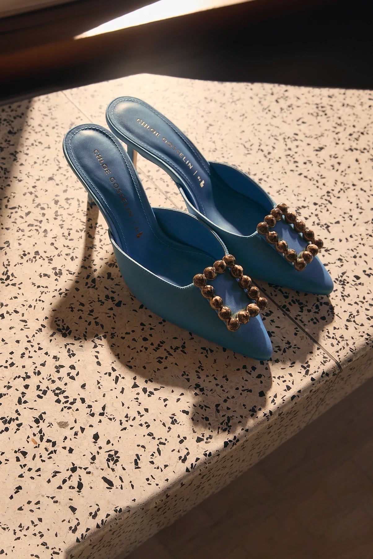 Chloe Gosselin by Larroudé Ava Mule In Blue Satin by Larroudé