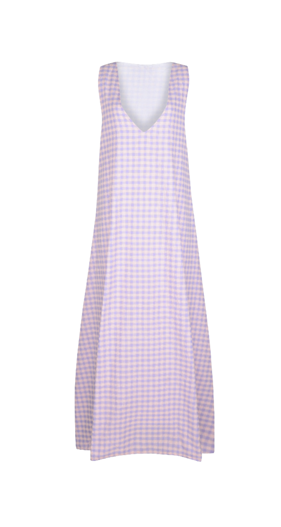 A sleeveless V-neck dress with a light pink and white gingham check pattern, shown against a plain white background.