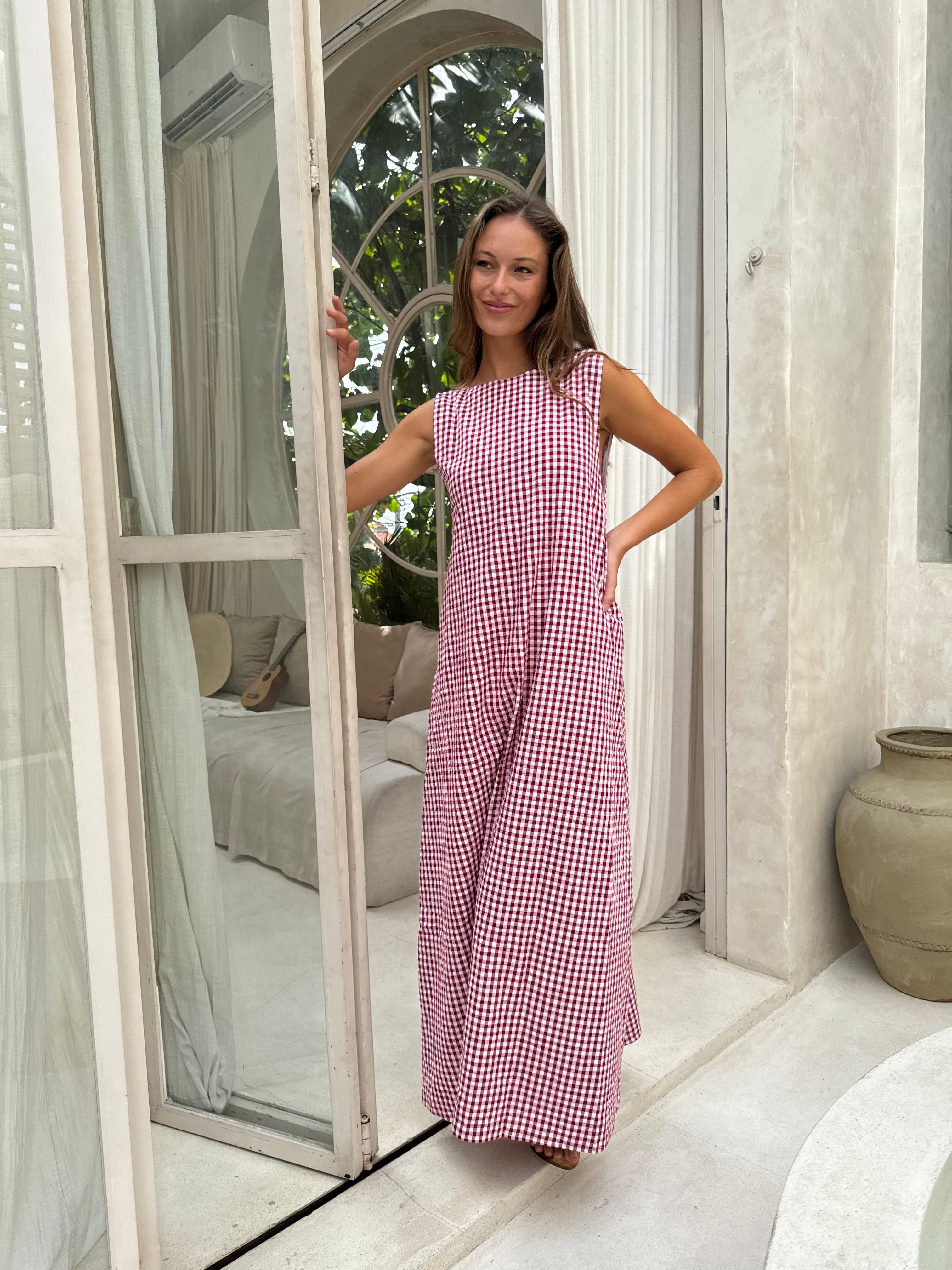 Maroon Gingham Gili Dress by Puka the Label
