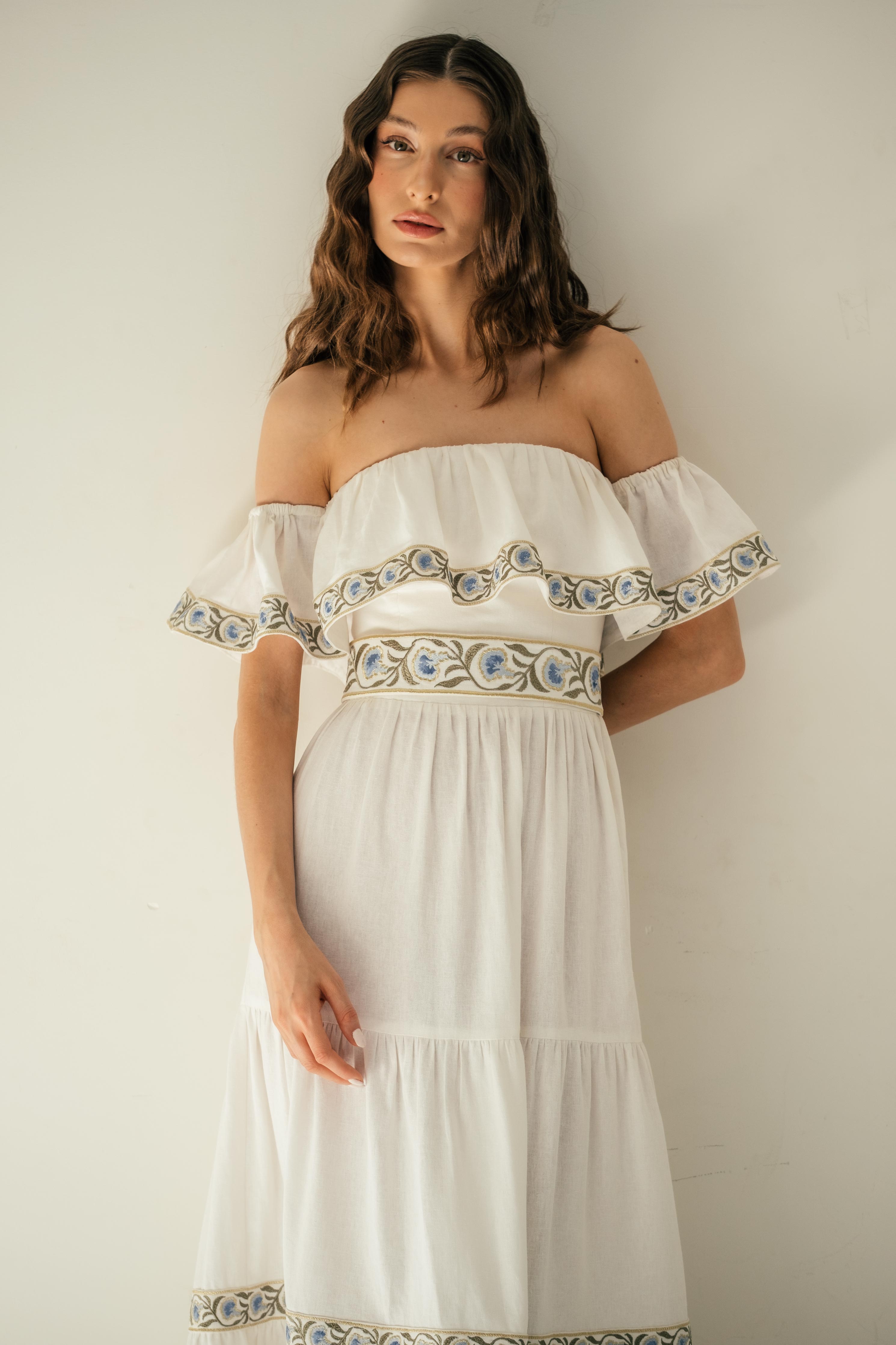 Carnation Ruffle Dress - White & Blue by RosewaterHouse