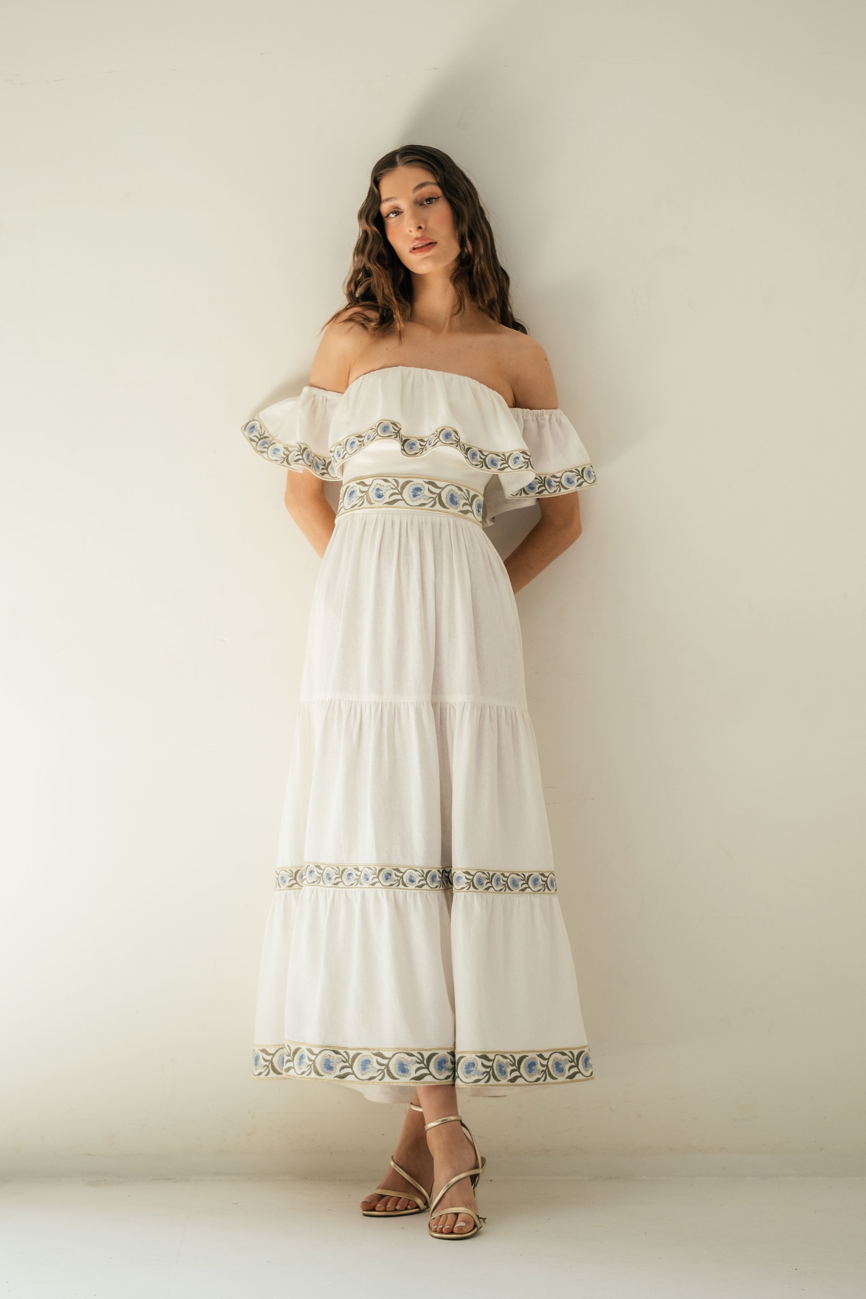 Carnation Ruffle Dress - White & Blue by RosewaterHouse