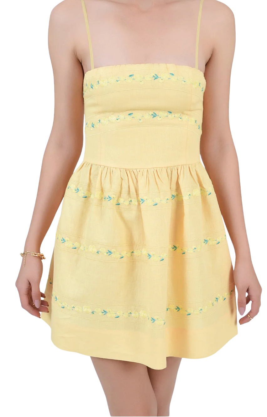 Yellow dress with floral pattern on a white background