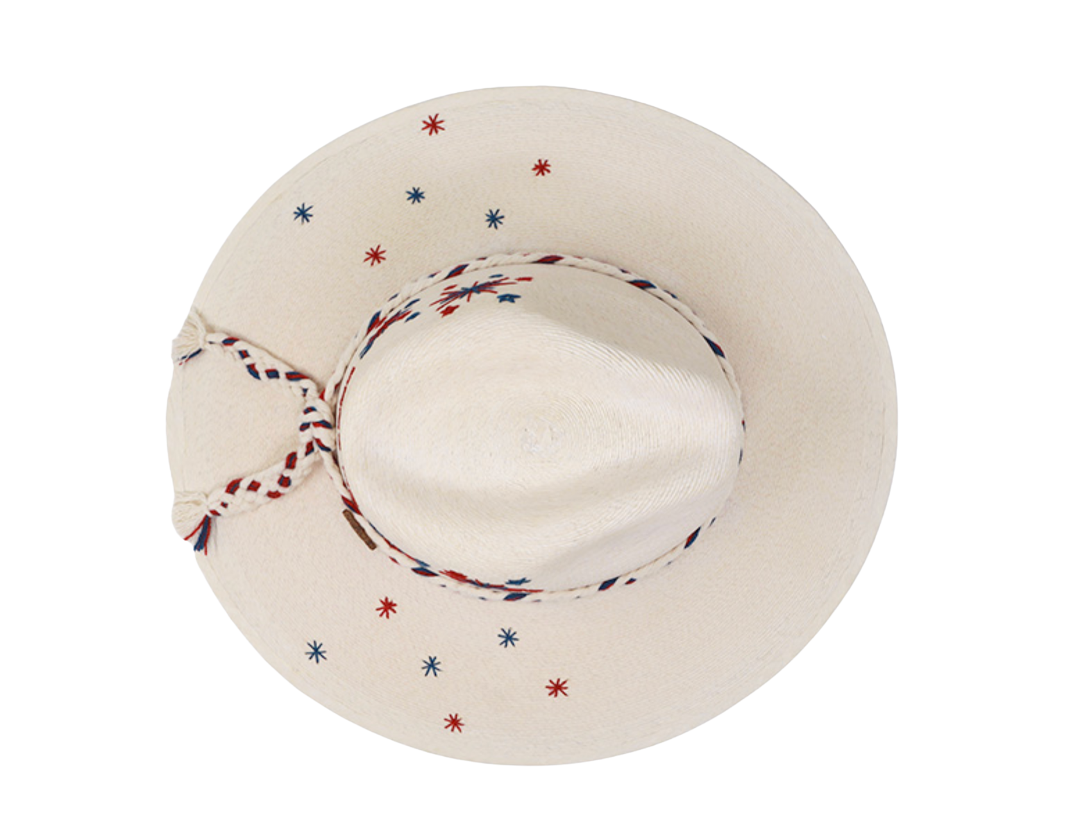 An off-white fedora hat viewed from above, featuring small embroidered red and blue star accents and a matching braided rope band with red, white, and blue stripes.