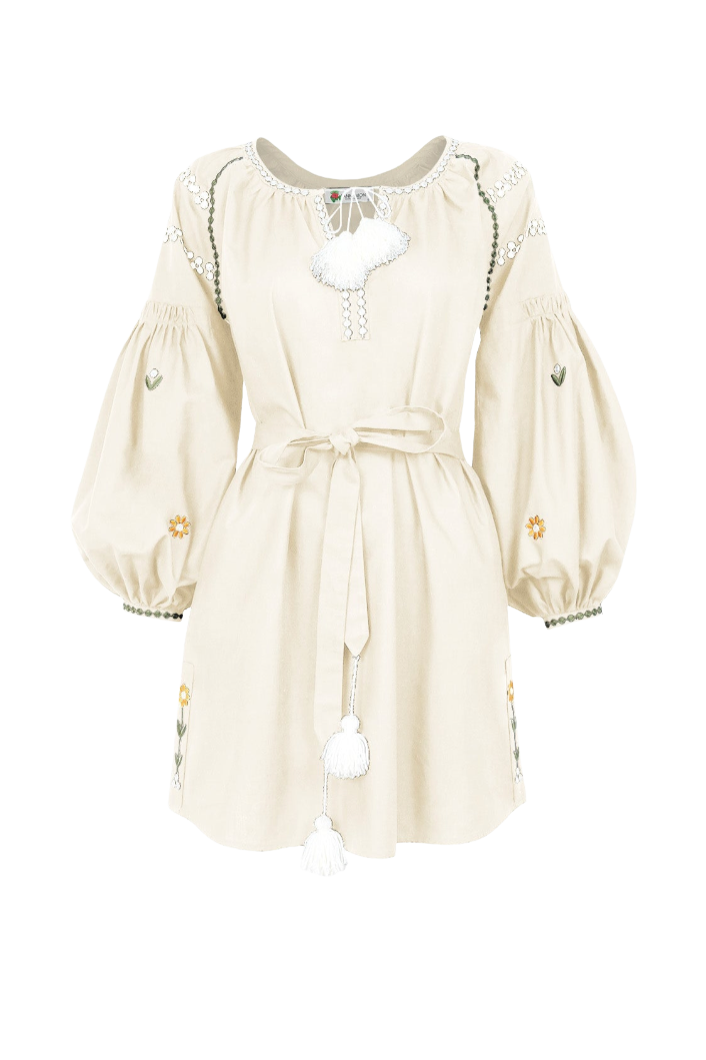 A cream-colored bohemian-style mini dress with long balloon sleeves, a tie waist, and delicate floral embroidery, shown against a plain white background.