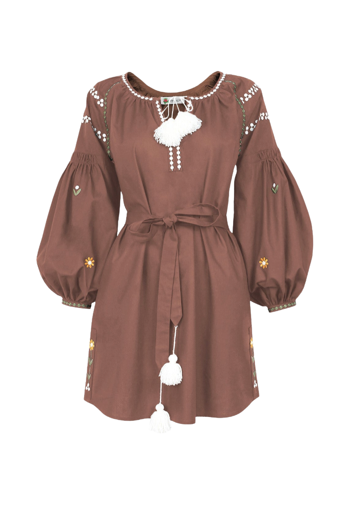 A brown bohemian-style mini dress with long balloon sleeves, a tie waist belt, and white embroidered details, shown on a plain white background.