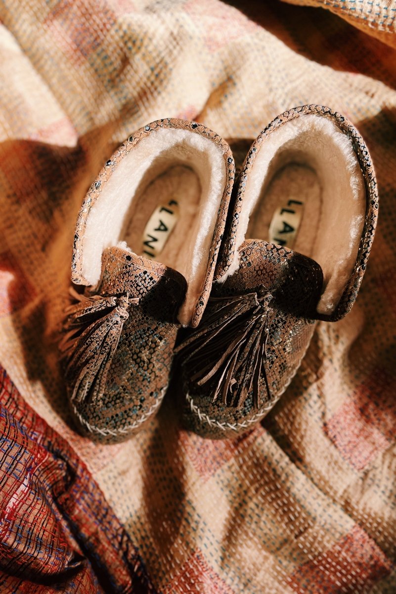 Sueded Snake Shearling Moccasin by Llani