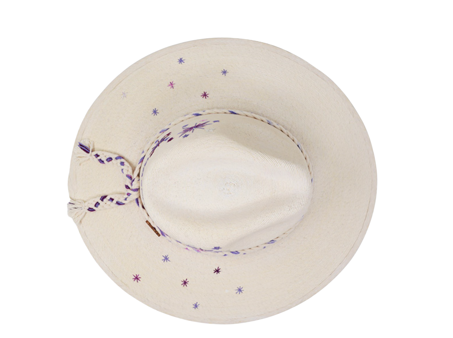 An off-white wide-brimmed sun hat with purple embroidered star details and a matching purple embroidered chin strap, shown from a top-down view on a white background.
