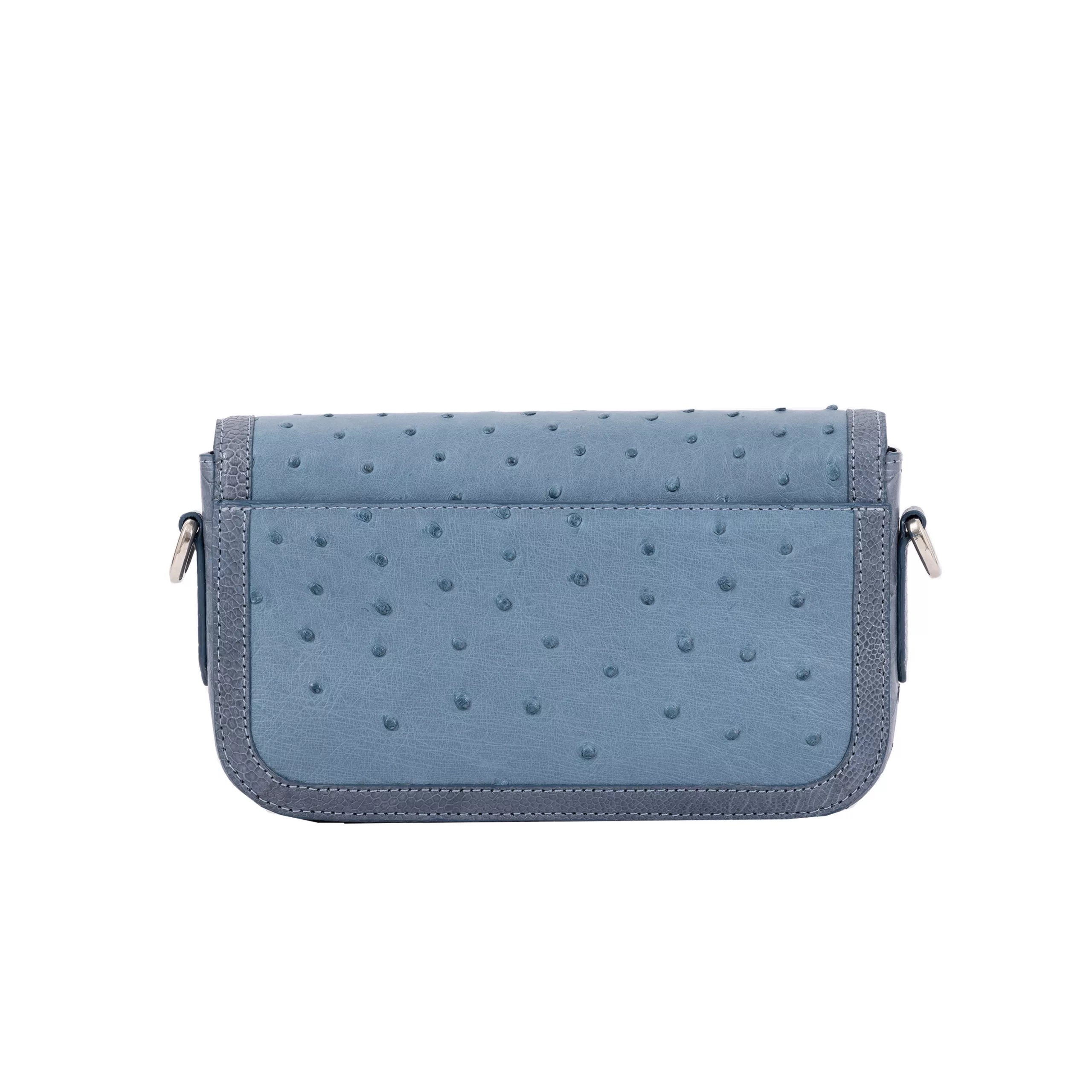 Caia Crossbody in French Blue Jean Ostrich & Clemaris Ostrich Leg Trim by Cape Cobra