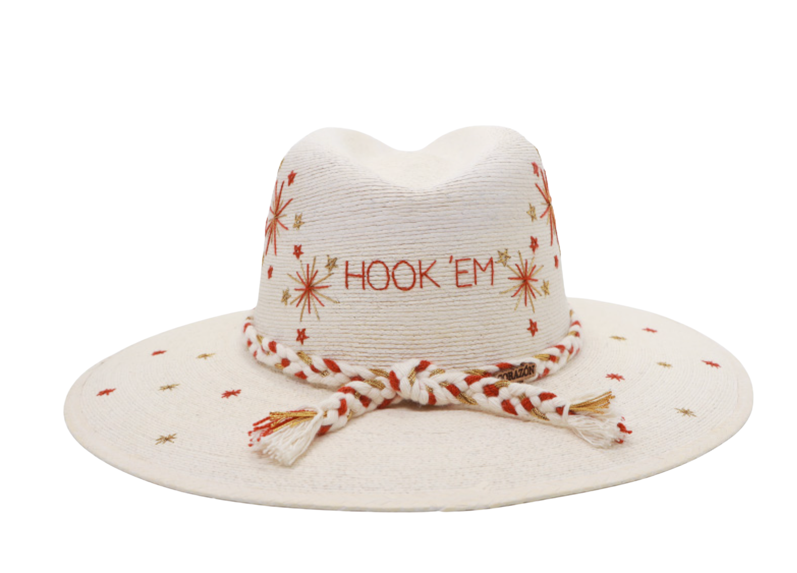 An off-white woven cowboy hat with red and gold embroidered details, featuring the text 'HOOK 'EM' on the crown and a braided red and white rope band tied in a bow at the base.