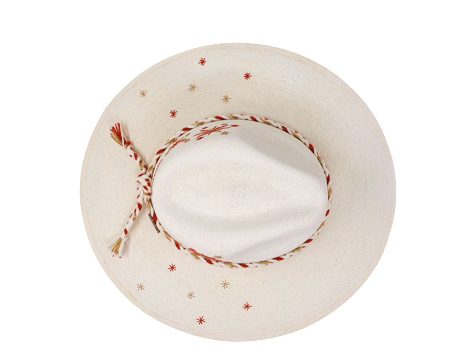 An off-white woven sun hat with small embroidered red and gold stars and a red-and-white braided rope tie band, shown from a top-down view on a white background.