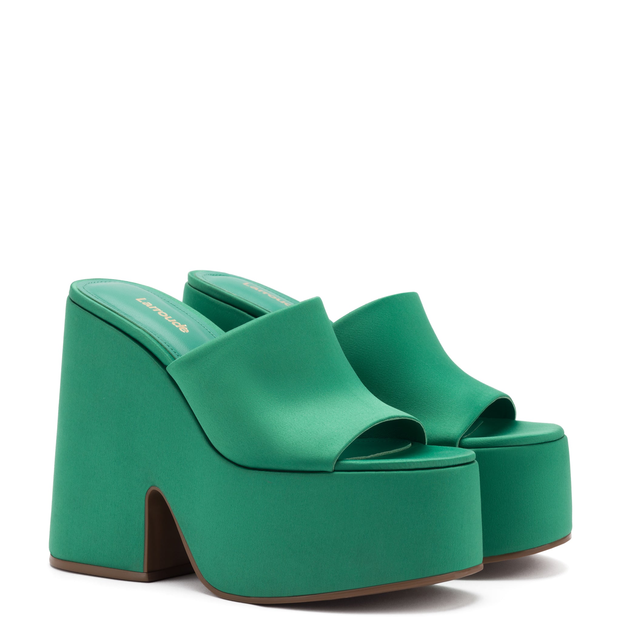 Wanda Platform Mule In Green Satin by Larroudé