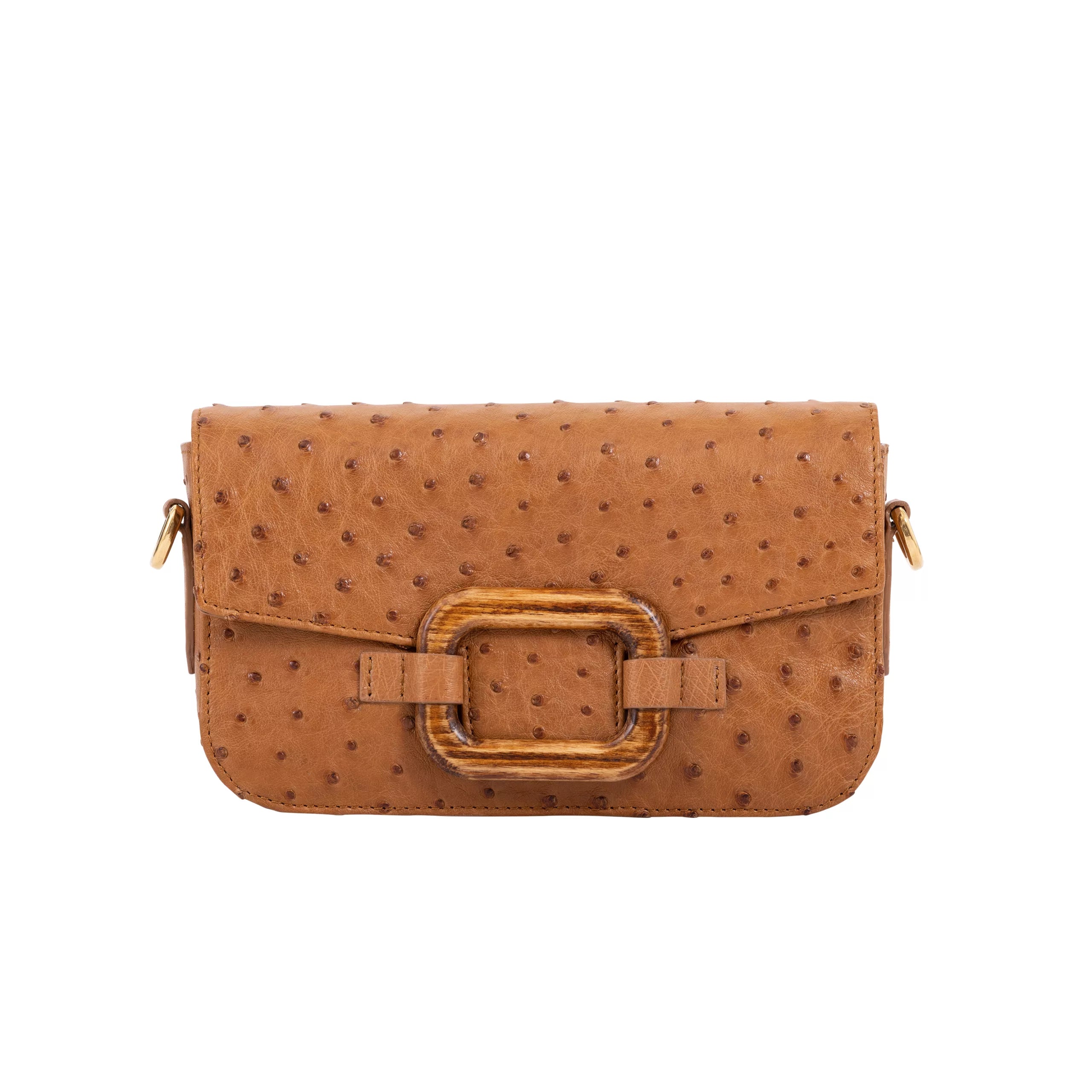 Deya Crossbody in Luggage Ostrich with a wood Ring Detail by Cape Cobra