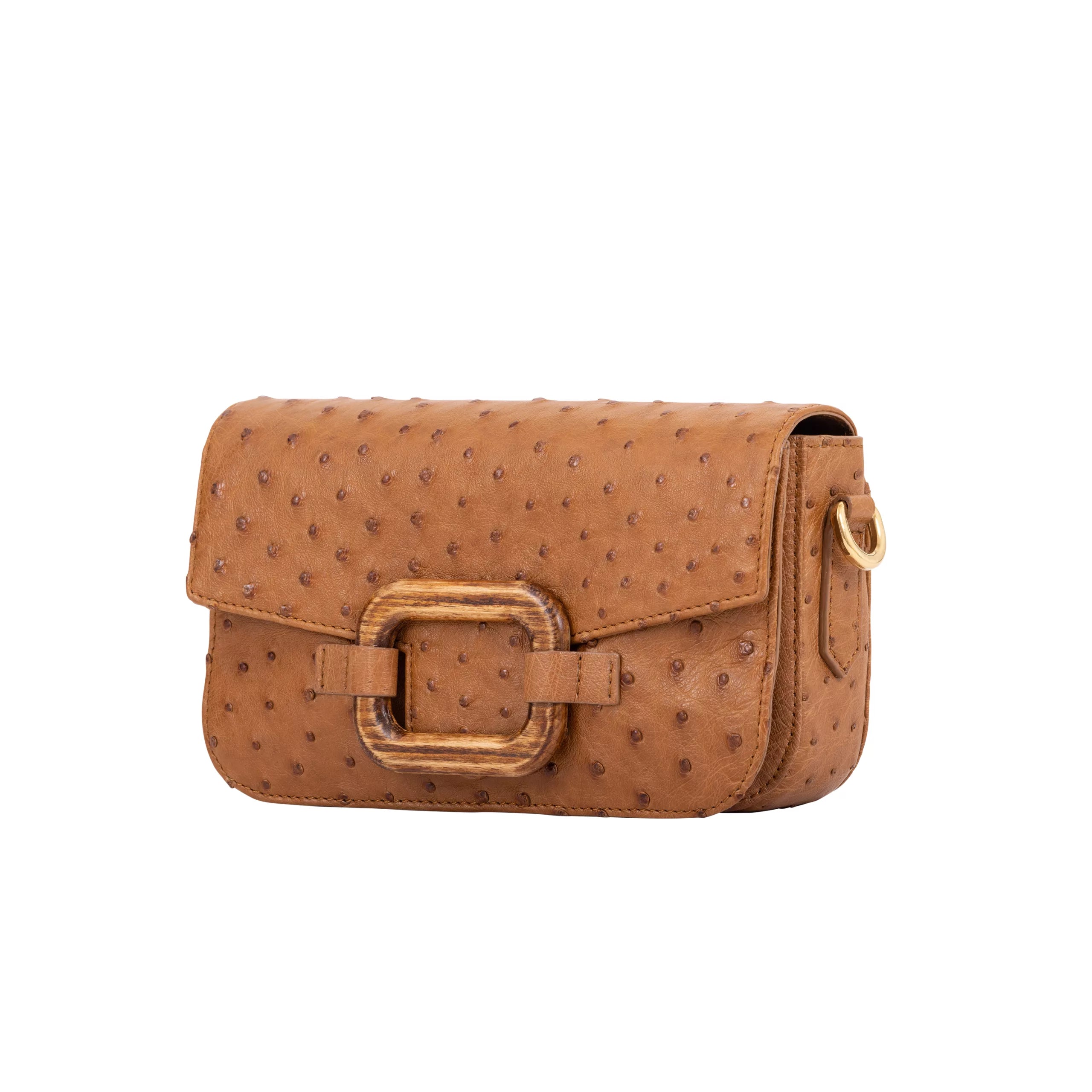 Deya Crossbody in Luggage Ostrich with a wood Ring Detail by Cape Cobra